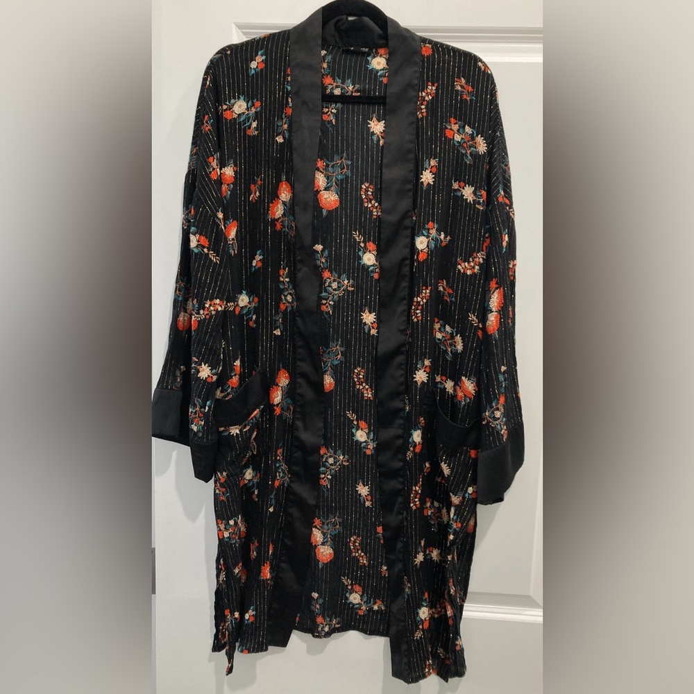 Solemio Floral Gold Striped Kimono Duster Cardigan
